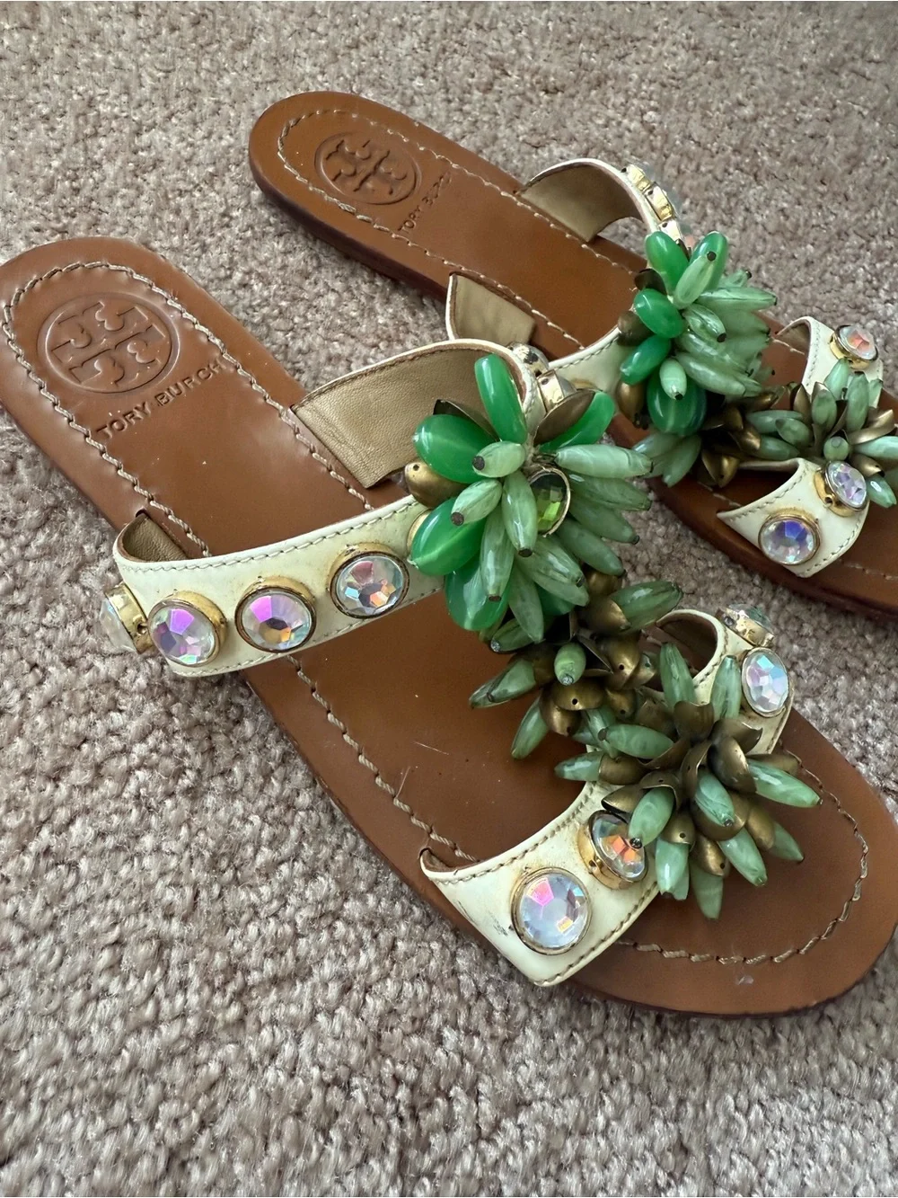 Tory Burch Sydney Leather Slides Sandals with Crystal Studs  Floral Accents